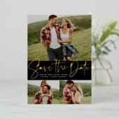 Moderne manuscripttrendy drie foto sparen de datum folie uitnodiging (Staand Voorkant)