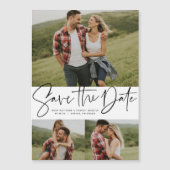 Moderne manuscripttrendy drie foto sparen de datum magnetische uitnodiging (Voorkant)