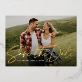 Moderne manuscripttrendy één foto sparen de datum folie uitnodiging (Voorkant)