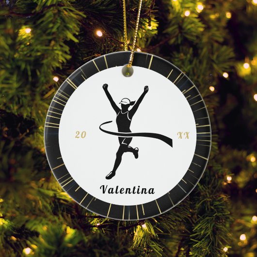 Moderne marathonloper naam en jaar van uitvoering keramisch ornament