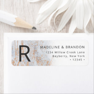 Moderne Marbles in blauw met koperretour-adres Etiket