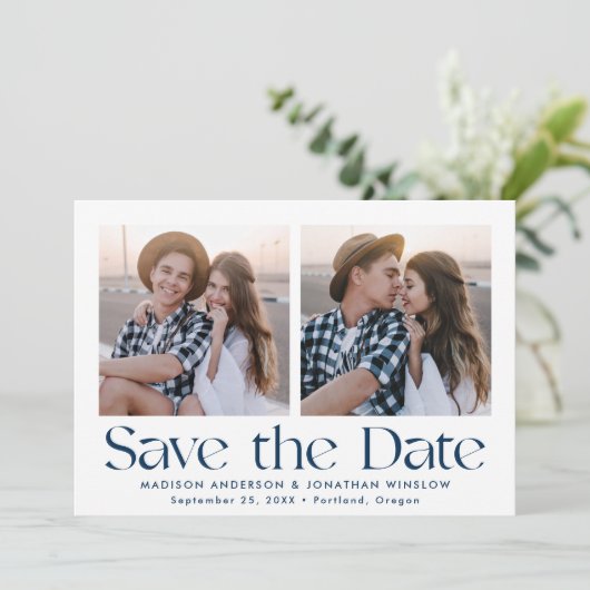 Moderne  marine belettering 2 foto save the date (Staand voorkant)