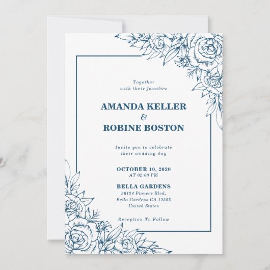 Moderne Marine Blauw Bloemen Bruiloft Uitnodiging (Voorkant)