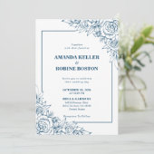 Moderne Marine Blauw Bloemen Bruiloft Uitnodiging (Staand voorkant)