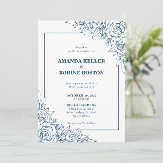 Moderne Marine Blauw Bloemen Bruiloft Uitnodiging (Staand voorkant)