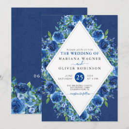 Moderne Marine Blauw Bloemen Bruiloft Uitnodiging