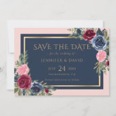 Moderne Marine Blauw Bourgondië Blush Gouden Bloem Save The Date (Voorkant)