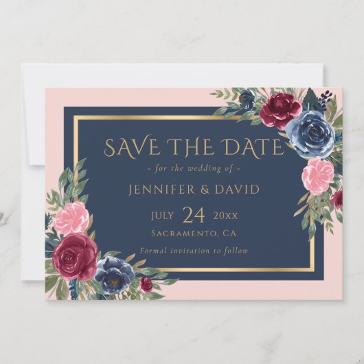 Moderne Marine Blauw Bourgondië Blush Gouden Bloem Save The Date (Voorkant)