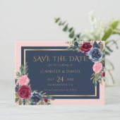 Moderne Marine Blauw Bourgondië Blush Gouden Bloem Save The Date (Staand voorkant)