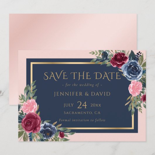 Moderne Marine Blauw Bourgondië Blush Gouden Bloem Save The Date (Voorkant / Achterkant)