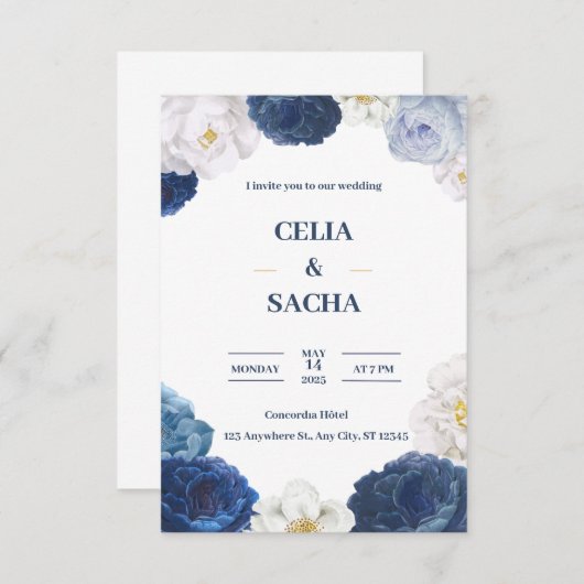 Moderne Marine Blauw en Beige bruiloft uitnodiging (Voorkant / Achterkant)