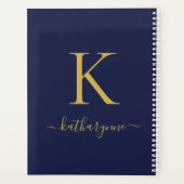 Moderne marine blauw en goud monogram planner (Achterkant)