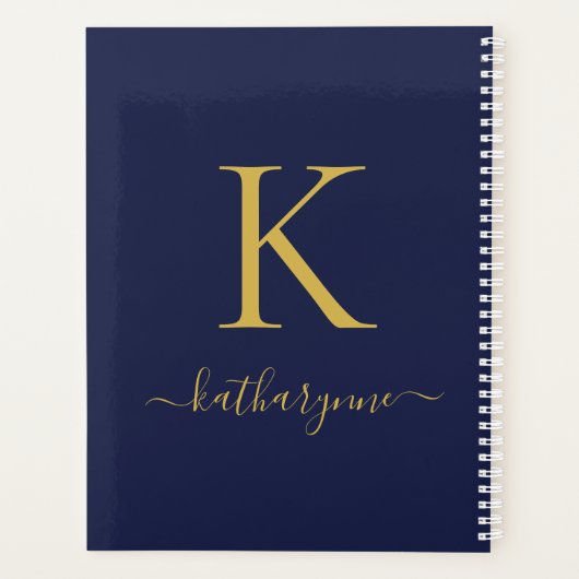 Moderne marine blauw en goud monogram planner (Achterkant)