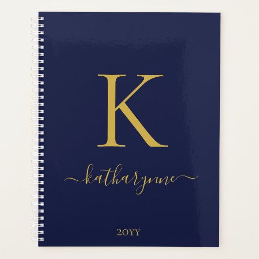 Moderne marine blauw en goud monogram planner (Voorkant)