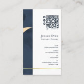 Moderne Marine Blauw en Gouden Quill Notaris Openb Visitekaartje (Achterkant)