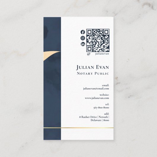 Moderne Marine Blauw en Gouden Quill Notaris Openb Visitekaartje (Achterkant)