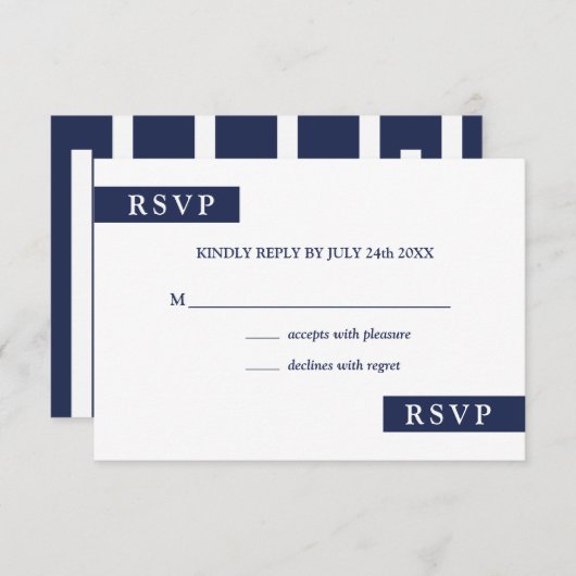 Moderne marine blauw en wit geometrische bruiloft  RSVP kaartje (Voorkant / Achterkant)