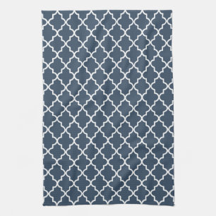 Moderne Marine Blauw en Wit Marokkaanse Quatrefoil Theedoek