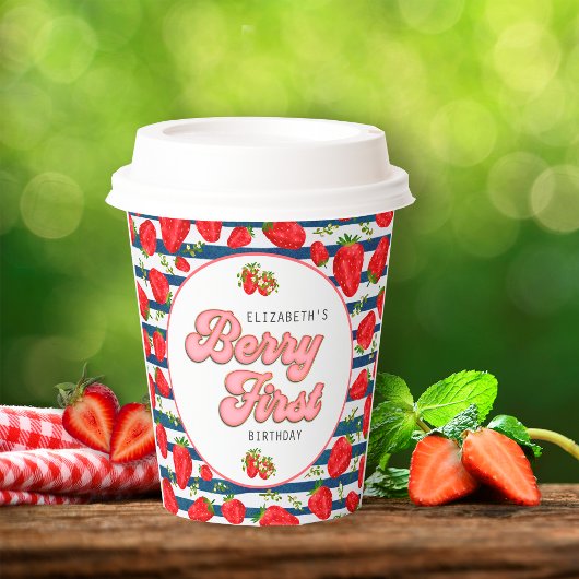 Moderne Marine Blauw en Witte Strepen Berry First Papieren Bekers