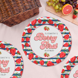 Moderne Marine Blauw en Witte Strepen Berry First Papieren Bordje