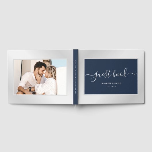 Moderne Marine Blauw en Zilver Trouwfoto Gastenboek (Volledig)