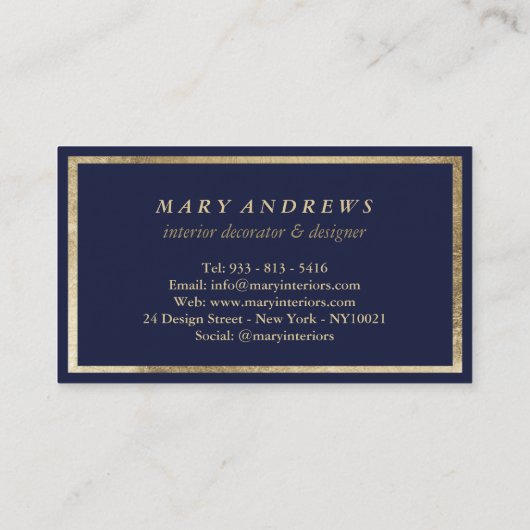 Moderne marine blauw faux goud interieur designer visitekaartje (Achterkant)