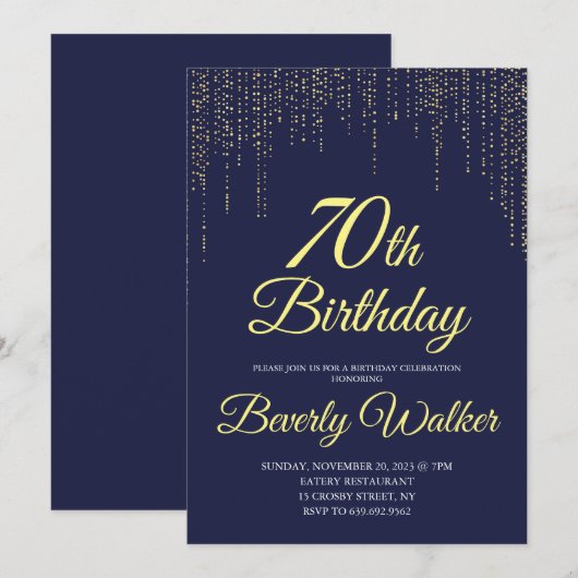 Moderne Marine Blauw Goud 70e Verjaardagsfeestje Kaart (Voorkant / Achterkant)