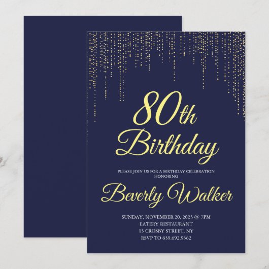Moderne Marine Blauw Goud 80e Verjaardagsfeestje Kaart (Voorkant / Achterkant)