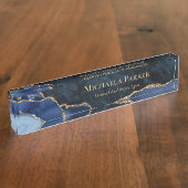 Moderne marine blauw goud agaat geode onroerend go naambordje (Zijkant)