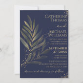 Moderne Marine Blauw Goud Blad Bruiloft Monogram Kaart (Voorkant)