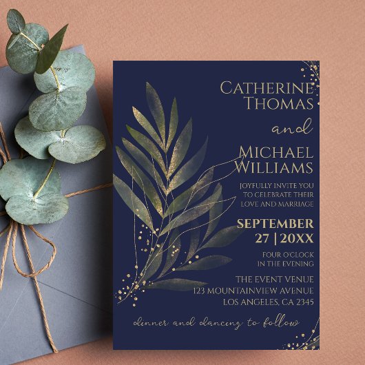 Moderne Marine Blauw Goud Blad Bruiloft Monogram Kaart