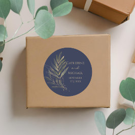 Moderne Marine Blauw Goud Blad Bruiloft Monogram Ronde Sticker