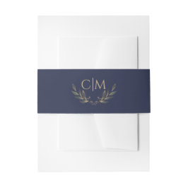 Moderne Marine Blauw Goud Blad Bruiloft Monogram Uitnodigingen Wikkel