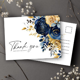 Moderne Marine Blauw Goud Bloemen Bruiloft Briefkaart