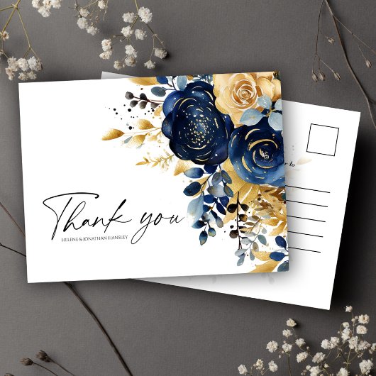 Moderne Marine Blauw Goud Bloemen Bruiloft Briefkaart