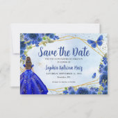 Moderne Marine Blauw Goud Bloemen Prinses Quinceañ Save The Date (Voorkant)