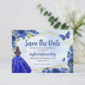 Moderne Marine Blauw Goud Bloemen Prinses Quinceañ Save The Date (Staand voorkant)
