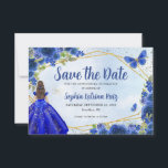 Moderne Marine Blauw Goud Bloemen Prinses Quinceañ Save The Date<br><div class="desc">Modern Navy Blue Dark Blue Gold Glitter Sparkle Floral Roos Butterfly Princess Quinceañera Verjaardag Save the Date Aankondiging</div>
