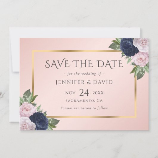 Moderne Marine Blauw Goud Blush Roze Bloemen Save The Date (Voorkant)