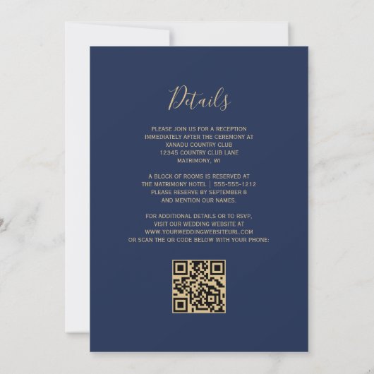 Moderne Marine Blauw Goud Faux Glitter QR Code Wed Kaart (Achterkant)