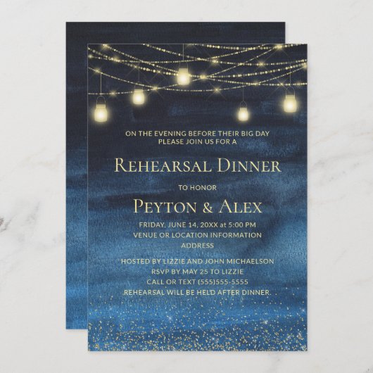 Moderne Marine Blauw Goud String Lights repetitie Kaart (Voorkant / Achterkant)