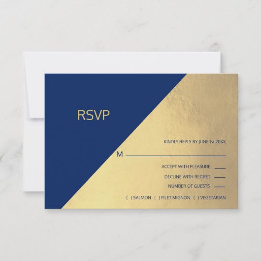 Moderne Marine Blauw & Gouden Folie RSVP Menu Brui (Voorkant)