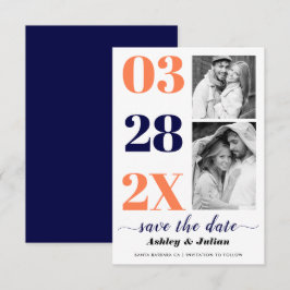 Moderne marine blauw, koraal typografie twee foto' save the date