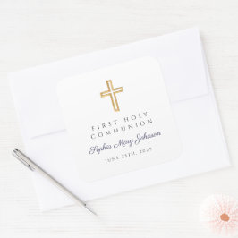 Moderne Marine Blauw Kruis Eerste Communie Vierkante Sticker