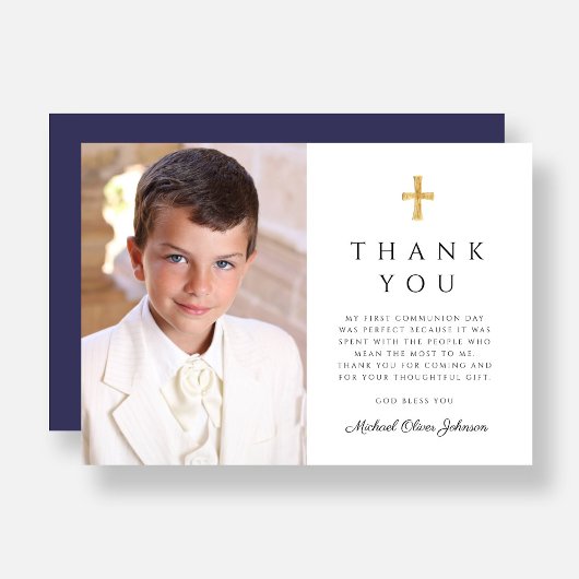 Moderne Marine Blauw Kruis Jongen Eerste Communie  Bedankkaart