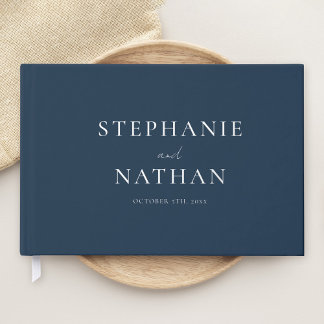 Moderne Marine Blauw Minimalistische Zilveren Foli Gastenboek