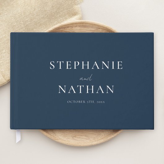 Moderne Marine Blauw Minimalistische Zilveren Foli Gastenboek