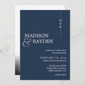 Moderne Marine Blauw Monogram Foto QR Code Bruilof Kaart (Voorkant / Achterkant)