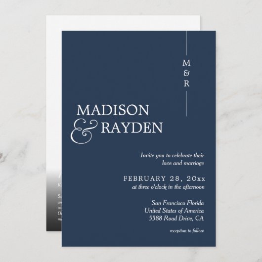 Moderne Marine Blauw Monogram Foto QR Code Bruilof Kaart (Voorkant / Achterkant)