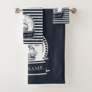 Moderne Marine Blauw Nautische Gepersonaliseerde B Bad Handdoek